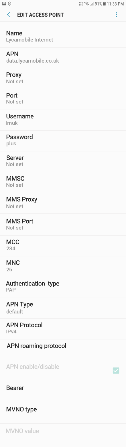 Lycamobile APN settings for Samsung Galaxy S9+ - APN Settings UK