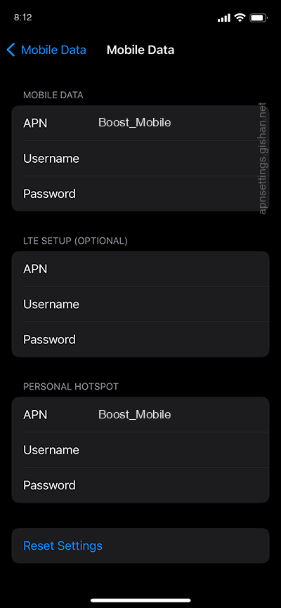 apn settings for unlimited data boost mobile